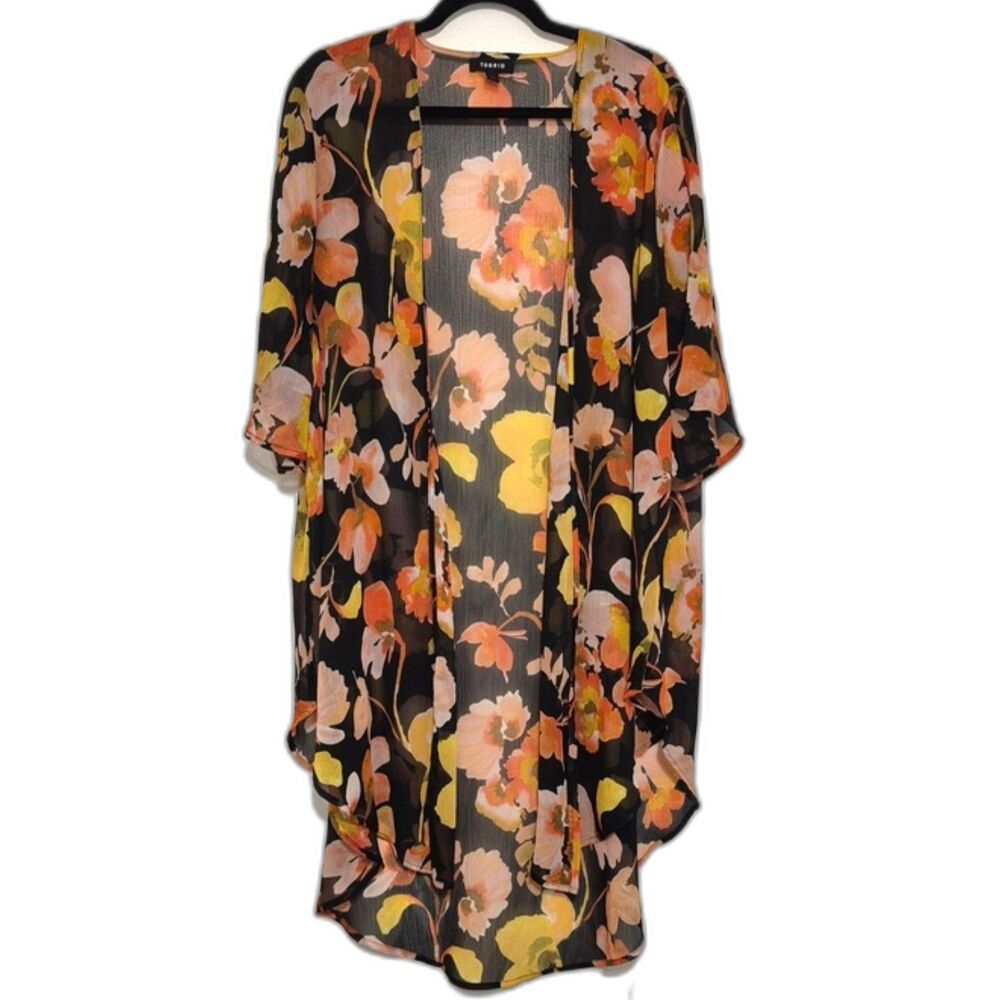 Torrid Shirttail Kimono XL Black Watercolor Floral Chiffon Boho Sheer Duster